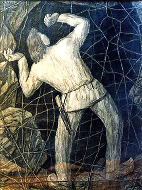 kalevipoeg destroying webs on his way to hell